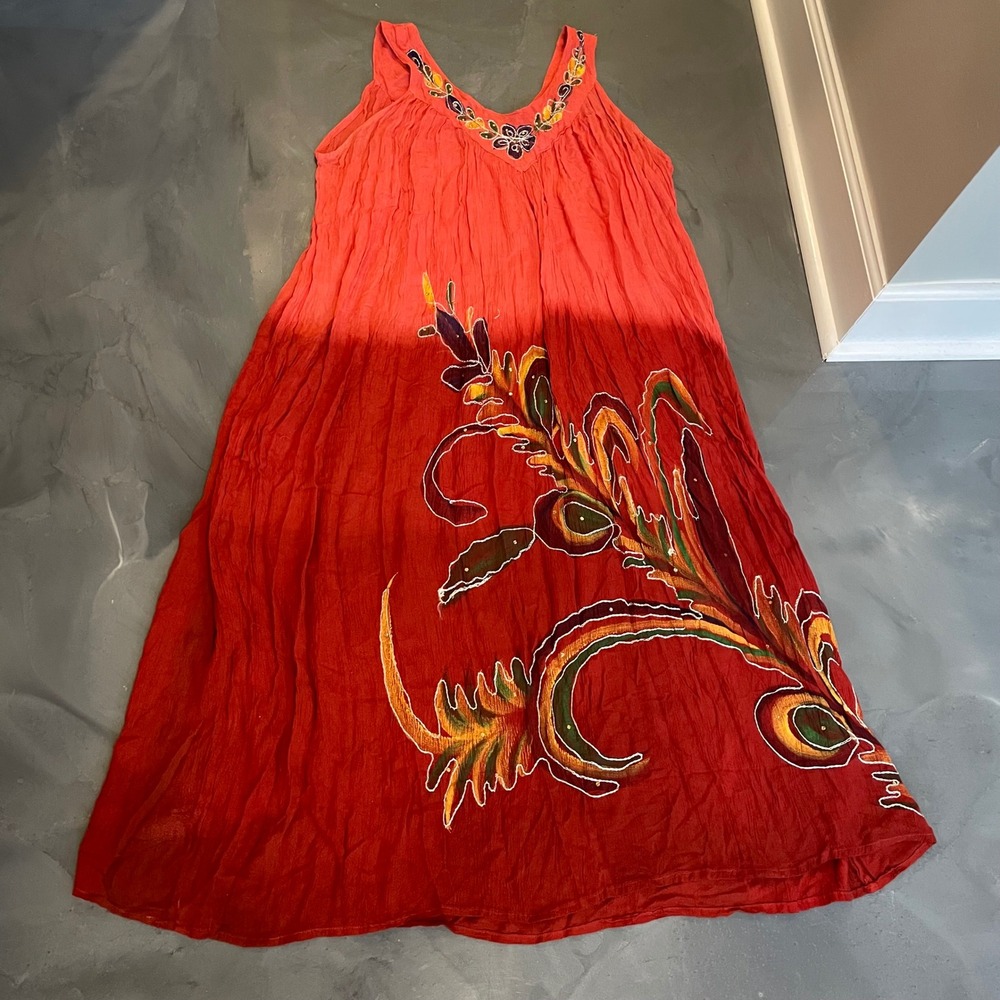 Seven Islands Red Ombre Embroidered Batik Maxi Dress Womens One Size Boho Gauze